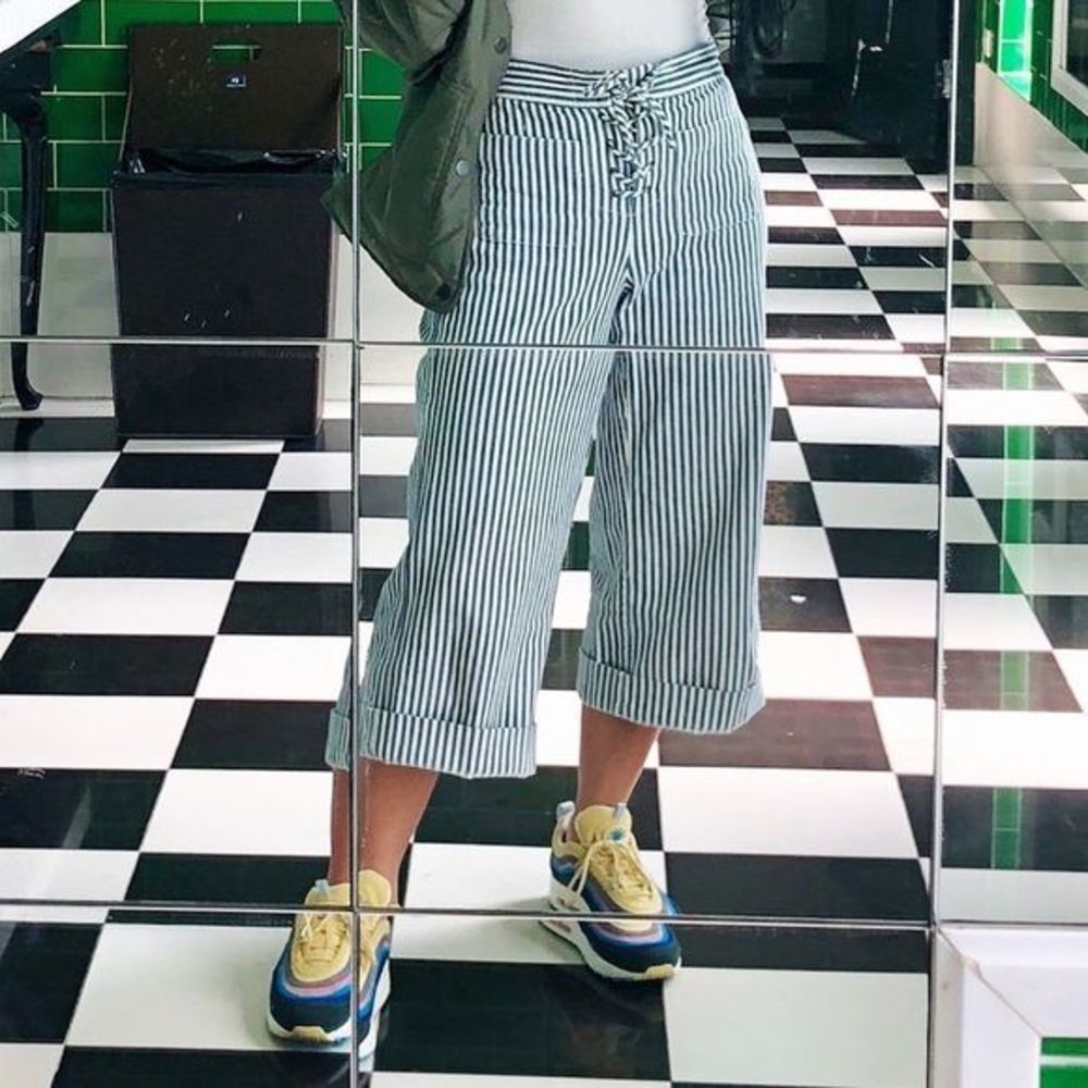 Madewell Cropped Wide Leg striped lace up pants trousers XS 2 S Stretch Denim